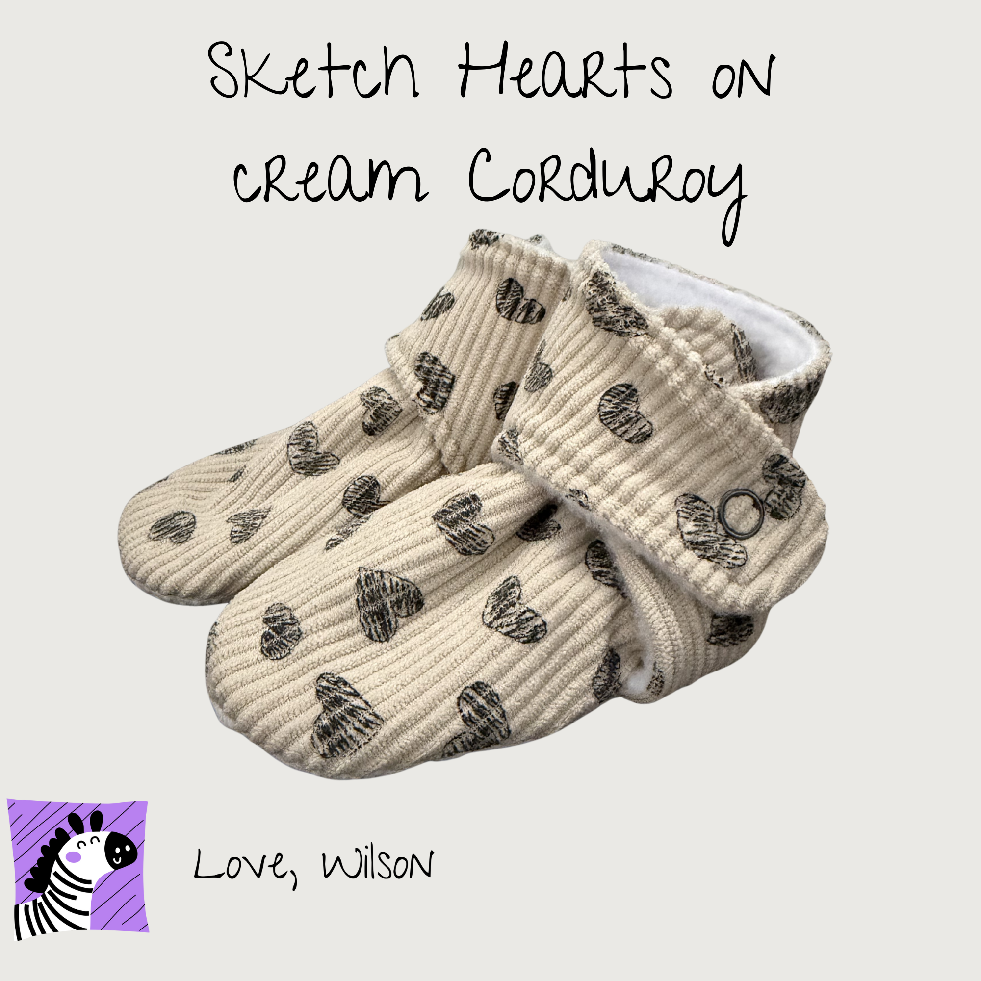 Sketch Hearts on Cream Corduroy Booties - Size M-P
